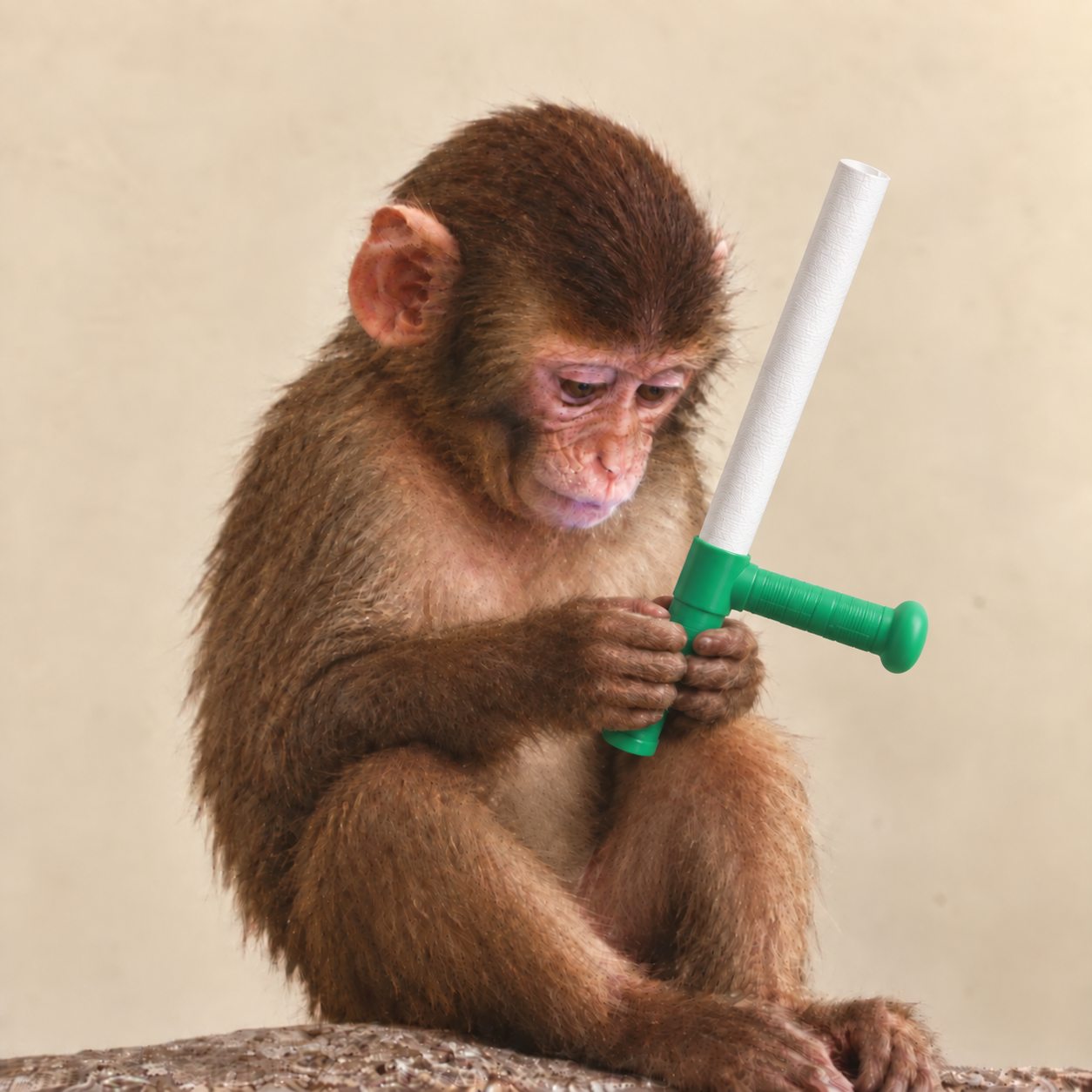 A young ape holding a green and white baton
